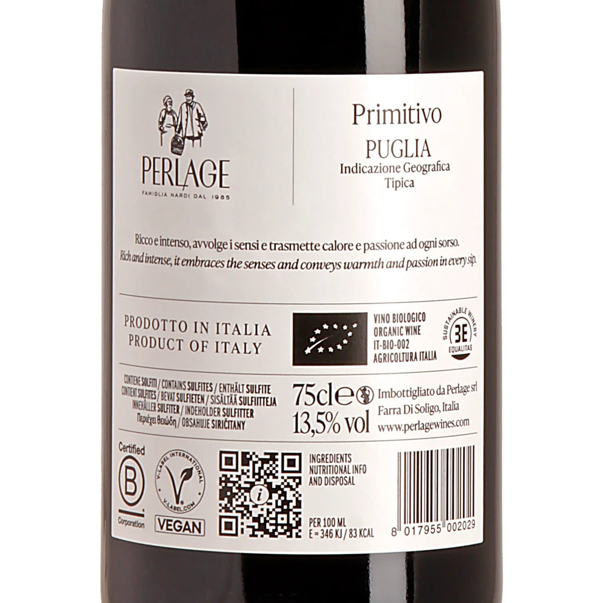 Perlage Primitivo Puglia IGT 2024 Back