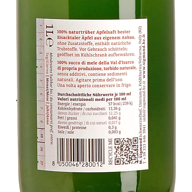 Sigmund - Schwarzielhof Apfelsaft Naturtrüb 1 Liter Back