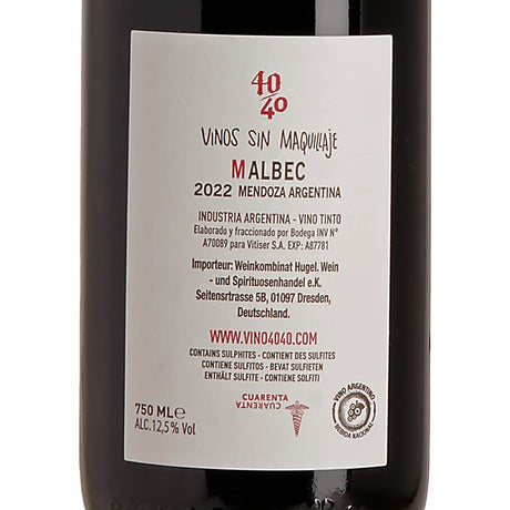 Vino 40/40 - Lucas Pfister Malbec Mendoza 2022 Back