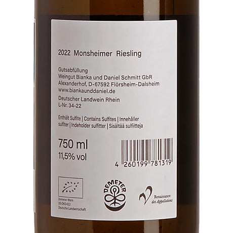 Bianka & Daniel Schmitt Monsheimer Riesling 2022 Back