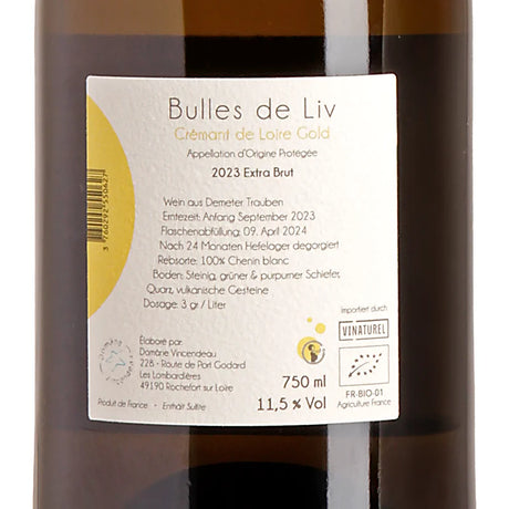 Domäne Vincendeau Bulles de Liv Crémant de Loire Gold AOP Extra Brut 2023 Back