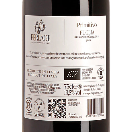 Perlage Primitivo Puglia IGT 2024 Back