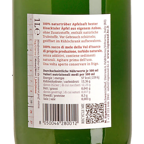 Sigmund - Schwarzielhof Apfelsaft Naturtrüb 1 Liter Back