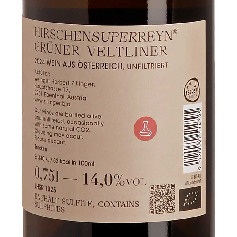 Herbert Zillinger HIRSCHENsuperREYN Grüner Veltliner 2024 Back