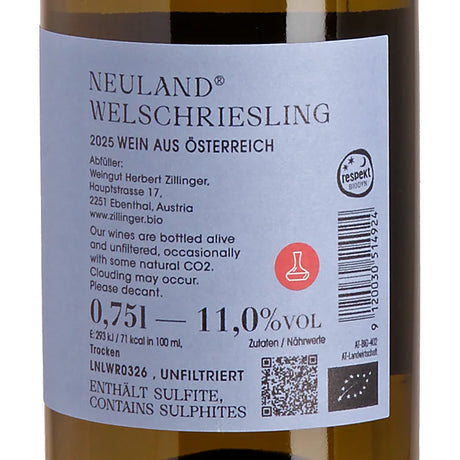 Herbert Zillinger Neuland Welschriesling 2025 Back